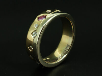 Ladies Diamond and Ruby Dress Ring, 18kt Yellow and White Gold Scatter and Secret Set Design, Princess Cut and Round Brilliant Cut Diamonds, Baguette Cut Ruby, Engraved Detail