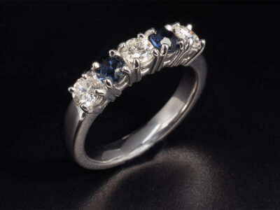 Ladies Diamond and Sapphire Wedding Ring, Platinum 4 Claw Basket Set Design, Round Brilliant Cut Diamonds 0.40ct (3), Round Brilliant Cut Sapphires 0.44ct (2)