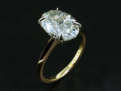 Ladies Lab Grown Diamond Solitaire Engagement Ring, 18kt Yellow Gold and Platinum Claw Set Design, Oval Cut Lab Grown Diamond 3.13ct, Knife Edge Band