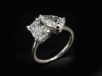 Ladies Lab Grown Diamond Toi Et Moi Engagement Ring, Platinum Claw Set Design, Radiant Cut Lab Grown Diamond 1.77ct, Pear Cut Lab Grown Diamond 1.52ct