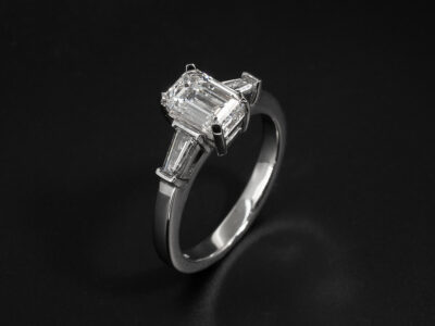 Ladies Lab Grown Diamond Trilogy Engagement Ring, Platinum Claw and Bar Set Design, Emerald Cut Lab Grown Diamond 1.72ct, Tapered Baguette Lab Grown Diamonds 0.50ct (2)