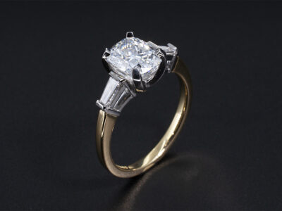 Ladies Lab Grown Diamond Trilogy Engagement Ring, Platinum and 18kt Yellow Gold Claw and Bar Set Design, Cushion Cut Lab Grown Diamond 1.62ct, Taper Side Diamonds 4.5mm (2)