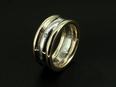 Ladies Mixed Metal Wedding Ring, Platinum and 9kt Yellow Gold Triple Band Design, Round Brilliant Cut Diamonds 0.11ct (7)