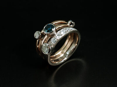 Ladies Multi Diamond Dress Ring, 18kt White and Yellow Gold Multi Strand Design, Rub over and Pavé Set, Round Brilliant Cut Blue Diamond 0.51ct, Round Brilliant Cut Diamonds 0.28ct (2), Round Brilliant Cut Diamonds 0.49ct (7)