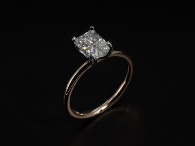 Ladies Solitaire Diamond Engagement Ring, Platinum and 18kt Yellow Gold Claw Set Design, Radiant Cut Diamond 1.10ct