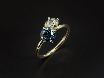 Ladies Two Stone Diamond Dress Ring, 9kt Yellow Gold Claw Set Design, Round Brilliant Cut Blue Diamond 1.04ct, Round Brilliant Cut Lab Grown Diamond 0.70ct