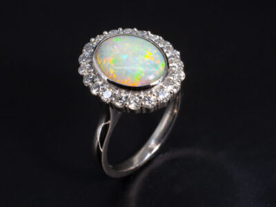 Ladies White Opal and Diamond Engagement Ring, Platinum Rub over and Claw Set Halo Design, Cabochon White Opal 2.33ct, Round Brilliant Cut Diamonds 0.60ct (20)