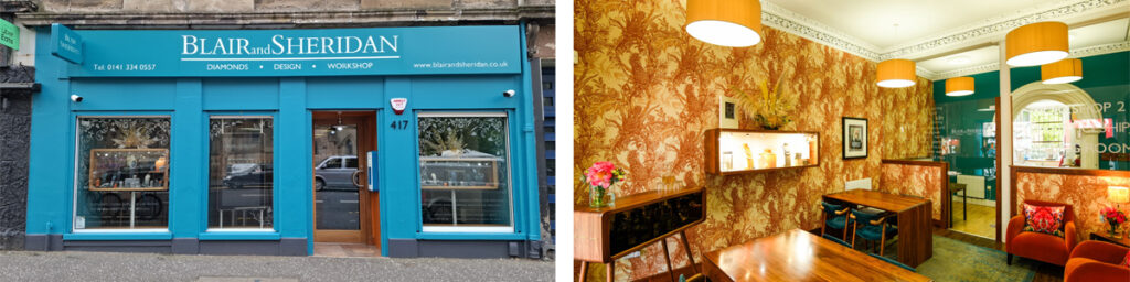 Blair and Sheridan Bespoke jewellery shop photographed from outside and inside