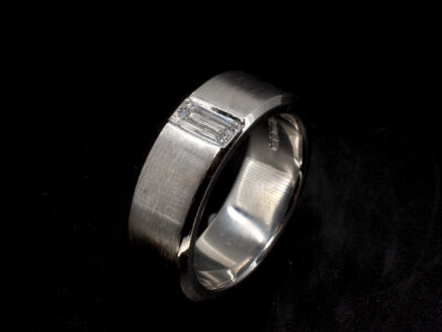 Gents Diamond Wedding Ring, Platinum Secret Set Design, Baguette Cut Diamond 0.40ct, Brushed Centre with Polished Edges, 7mm Width