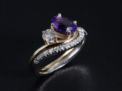 Ladies Amethyst and Diamond Engagement Ring and Fitted Wedding Ring, 18kt Yellow Gold Claw Set Toi Et Moi Design, Oval Cut Amethyst 1.60ct, Round Brilliant Cut Diamond 0.38ct; Wedding Band Halfway Set Round Brilliant Cut Diamonds 0.25ct (14) 
