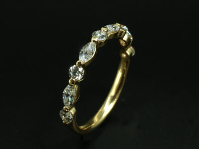Ladies Diamond Wedding Ring, 18kt Yellow Gold Claw Set Design, Marquise Cut and Round Brilliant Cut Diamonds 