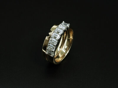 Ladies Diamond Wedding Ring, Platinum and 18kt Yellow Gold Shared Claw Design, Emerald Cut Diamonds 0.84ct Total (7), shown with 18kt Yellow Gold Shaped Spacer Ring