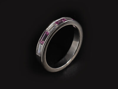 Ladies Diamond and Sapphire Eternity Ring, Platinum Channel Set Design, Baguette Cut Lab Grown Diamonds 0.44ct Total (4), Baguette Cut Pink Sapphires 0.48ct Total (3)