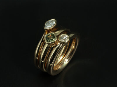 Ladies Diamond and Sapphire Stacking Dress Ring, 18kt Yellow Gold Rub over Set Design, Marquise Cut Diamond Approx 0.25ct, Round Brilliant Cut Diamond Approx. 0.25ct, Cushion Cut Green Sapphire Approx. 0.40ct  