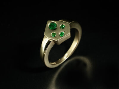 Ladies Emerald Signet Ring, 18kt Yellow Gold Secret Set Design, Round Brilliant Cut Emeralds 0.15ct Total (4)