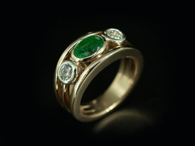 Ladies Emerald and Diamond Trilogy Dress Ring, 9kt Yellow Gold Rub over Set Design, Oval Cut Emerald 1.12ct, Round Brilliant Cut Lab Grown Diamonds 0.43ct (2)