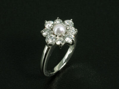Ladies Floral Design Pearl and Diamond Dress Ring, Platinum Claw Set Design, 5mm Round White Pearl, Round Brilliant Cut Diamonds 0.75ct Total (8)