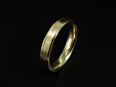 Ladies Gold Wedding Band, 9kt Yellow Gold Flat Court Design, Brushed and Polished Finish, Grooved Line Detailing