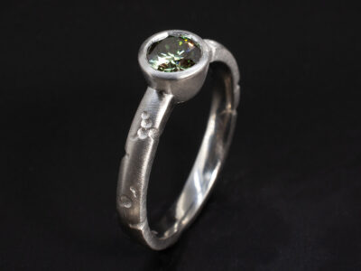 Ladies Green Diamond Solitaire Engagement Ring, Platinum Rub over Set Design, Round Brilliant Cut Lab Grown Green Diamond 1.00ct, Brushed Finish