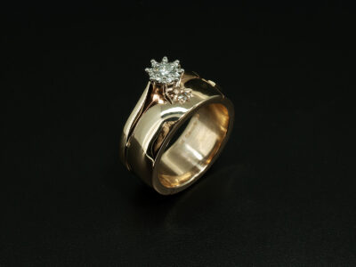 Ladies Hinged Engagement and Wedding Ring, 9kt Yellow Gold and Platinum 6 Claw Set Design, Round Brilliant Cut Diamond 0.13ct, Stacked with Diamond Set Wedding Band