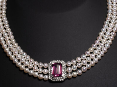 Ladies Pearl, Topaz and Diamond 3 Strand Necklace, Platinum Claw Set Design, Octagon Cut Pink Coated Topaz 8.32ct, Round Brilliant Cut Diamonds 0.17ct Total (4), Round Brilliant Cut Diamonds 1.19ct Total (56) 