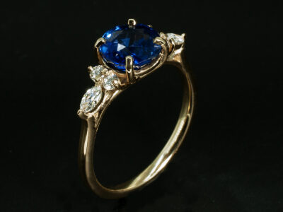 Ladies Sapphire and Diamond Engagement Ring, 9kt Yellow Gold Claw Set Design, Blue Sapphire 2.06ct, Round Brilliant Cut Diamonds, Marquise Cut Lab Grown Diamonds