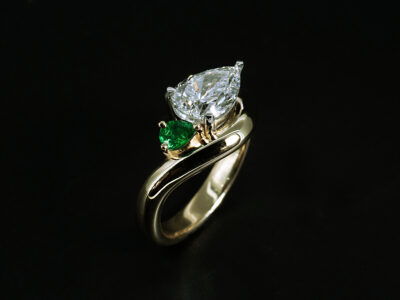 Ladies Toi Et Moi Diamond and Emerald Engagement Ring, 18kt Yellow Gold and Platinum Offset Claw Set Design, Pear Cut Diamond 1.21ct, Pear Cut Emerald 0.11ct 