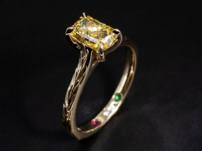 Ladies Traffic Light Design Engagement Ring, 18kt Yellow Gold Multi Stone Design, Radiant Cut Lab Grown Diamond 1.10ct, Fancy Vivid Yellow Round Brilliant Cut Lab Grown Diamond, Emerald and Ruby 0.12ct (2) 