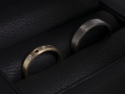 Ladies and Gents Matching Wedding Rings, Ladies 18kt Yellow Gold, Secret Set Diamonds and Rubies, Brushed Finish, Gents Plain Brushed Un-rhodiumed Design