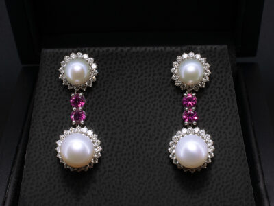 Platinum Diamond, Pearl and Topaz Drop Earrings, Claw Set Design, Round Pink Topaz 1.22ct (4), Round Brilliant Cut Diamonds 1.48ct Total (74), Round White Pearls