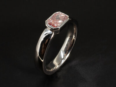 Platinum Solitaire Pink Diamond Dress Ring, Platinum Rub over Horizontally Set Dress Ring, Lab Grown Radiant Cut Pink Diamond 1.01ct