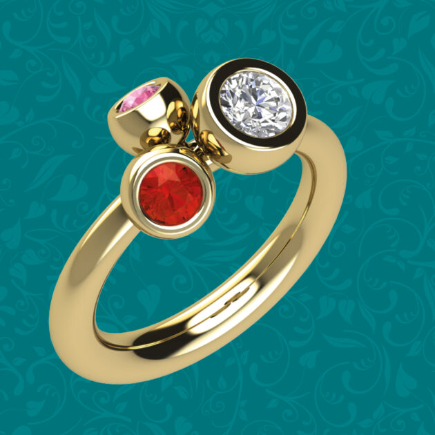 Bespoke Kelvin Collection by Blair and Sheridan - Yellow Gold Trilogy Ring with Round Cut Diamond, Blood Orange Sapphire and Pink Sapphire in Polished Finish