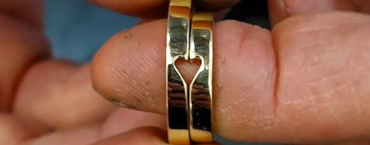 Blair and Sheridan bespoke his and hers loveheart silhouette wedding rings