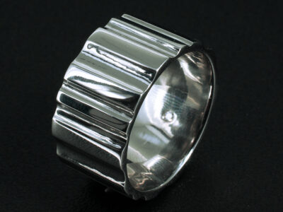 Gents Polished Chunky Wedding Band, Platinum Flat Court Design, Uneven Surface Finish, 12mm Width