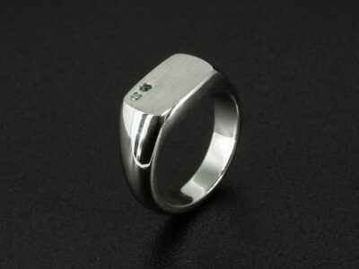 Gents Signet Wedding Ring, Platinum Design with Secret Set Round Brilliant Cut Diamond 0.15ct and Emerald 0.15ct