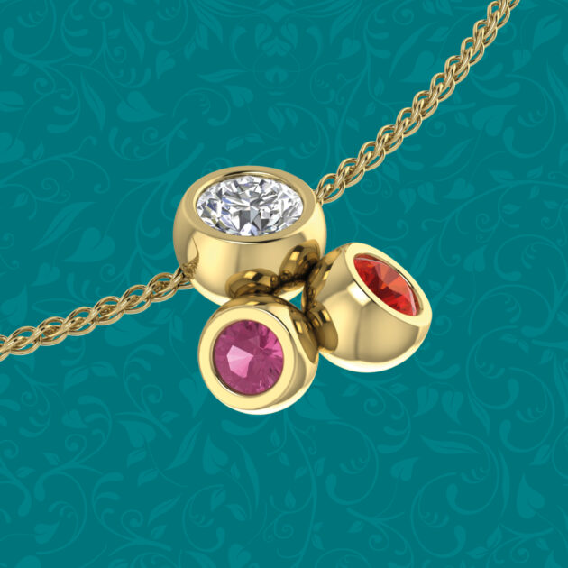 Bespoke Kelvin Collection by Blair and Sheridan - Yellow Gold Trilogy Pendant with Round Cut Diamond, Blood Orange Sapphire and Pink Sapphire in Polished Finish
