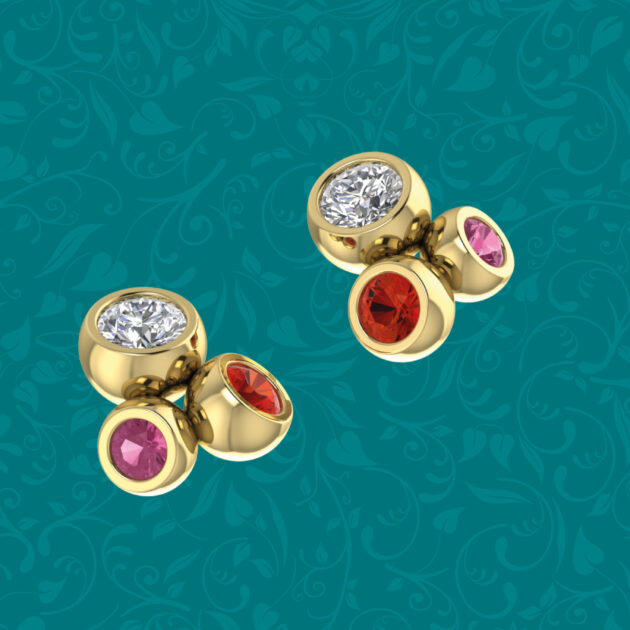 Bespoke Kelvin Collection by Blair and Sheridan - Yellow Gold Trilogy Studded Earrings with Round Cut Diamond, Blood Orange Sapphire and Pink Sapphire in Polished Finish