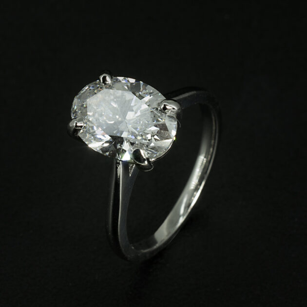Platinum 4 Claw Solitaire Diamond Engagement Ring, Oval Cut Lab Grown Diamond 3.01ct, DVS