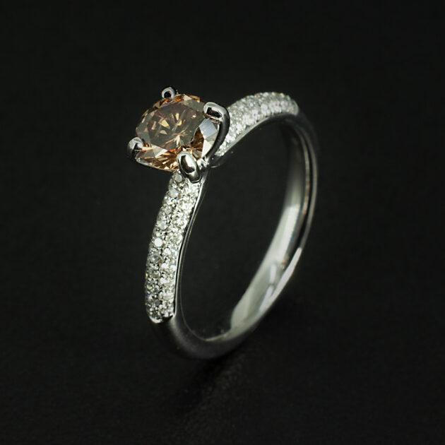 Platinum Champagne Diamond Ring – 0.83ct Claw Set Centre Stone with Diamond Set Shoulders