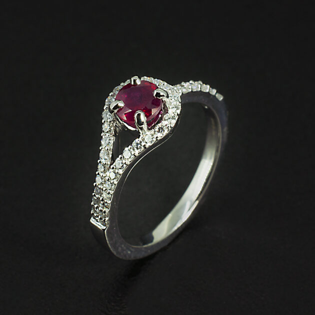 Bespoke Platinum Ruby and Diamond Halo Ring by Blair and Sheridan