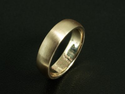 Gents 9kt Yellow Gold Wedding Ring, Brushed Finish, Engraving Detail on Inner Band