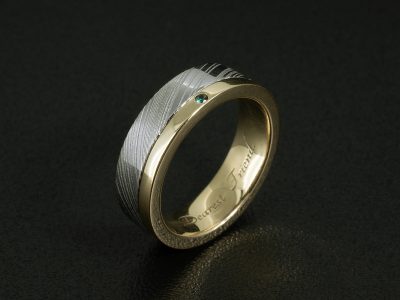 Ladies Damascus Steel Wedding Ring, Heimskringla Design and 18kt Yellow Gold, Secret Set Round Cut London Blue Topaz 0.03ct