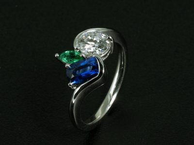 Ladies Diamond and Coloured Stone Engagement Ring, 14kt White Gold and Platinum Half Rub over Twist Design, Round Brilliant Cut Diamond 0.84ct, Blue Sapphire, Marquise Cut Emerald