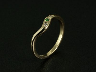 Ladies Diamond and Emerald Wedding Ring, 18kt Yellow Gold Secret Set Fitted Design, Lab Grown Round Brilliant Cut Diamonds 0.32ct Total (2), Round Cut Emerald 0.03ct