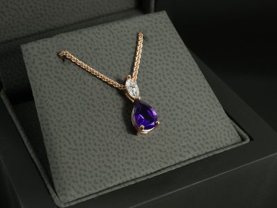 9kt Rose Gold Diamond and Amethyst Drop Pendant, Claw Set Design, Pear Cut Purple Amethyst 0.64ct, Marquise Cut Lab Grown Diamond 0.14ct Set in Bale