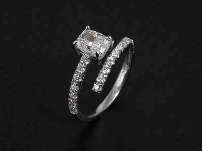 Ladies Diamond Engagement Ring, Platinum Claw and Castle Set Twist Design, Cushion Cut Diamond 0.90ct, Round Brilliant Cut Diamond Set Band 0.40ct Total (20)