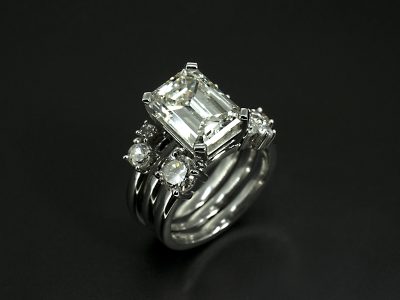 Ladies Diamond Stacking Engagement and Wedding Ring, Platinum Claw Set Design, Emerald Cut Diamond 3.79ct, Round Brilliant Cut Diamonds 0.97ct total (7)
