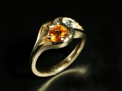 Ladies Diamond and Sapphire Engagement Ring, 14kt Yellow Gold Claw and Rub over Set Leaf Design, Round Brilliant Cut Lab Grown Diamond 0.46ct, Round Orange Sapphire 0.66ct