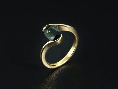 Ladies Green Sapphire Engagement Ring, 18kt Yellow Gold Swirl Tension Set Design, Oval Cut Green Sapphire 1.44ct