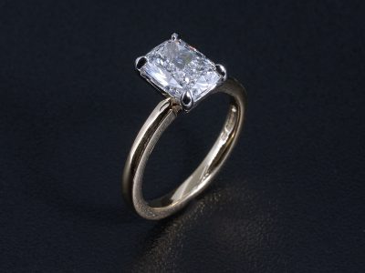 Ladies Solitaire Lab Grown Diamond Engagement Ring, 18kt Yellow Gold and Platinum Claw Set Design, Cushion Cut Lab Grown Diamond 2.05ct